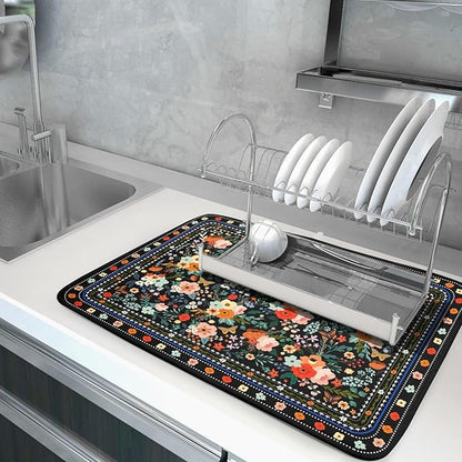 Floral Microfiber Dish Drying Mat Large Absorbent Dish Drainer Rack Pad