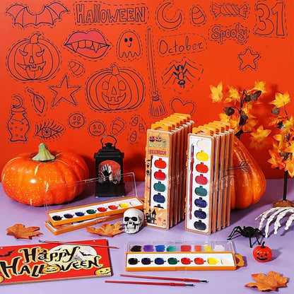 24 Pack Halloween Pumpkin Watercolor Paint Set for Kids 8 Washable Colors with Brushes Water Color Painting Kit for Halloween Painting Kit Gift Party Supplies
