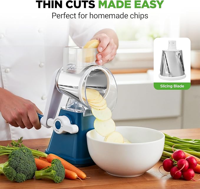 NutriChef 3 in 1 Cheese Grater & Shredder | Strong Suction Base, Rotary Handle