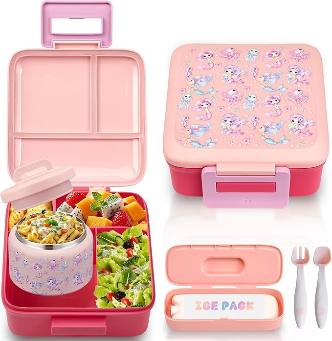 Bento Lunch Box for Kids with 8oz Soup Thermo Leak-Proof Lunch Food Containers with Snack Sauce Container for Kid Girls Boys to School (Pink Mermaid)
