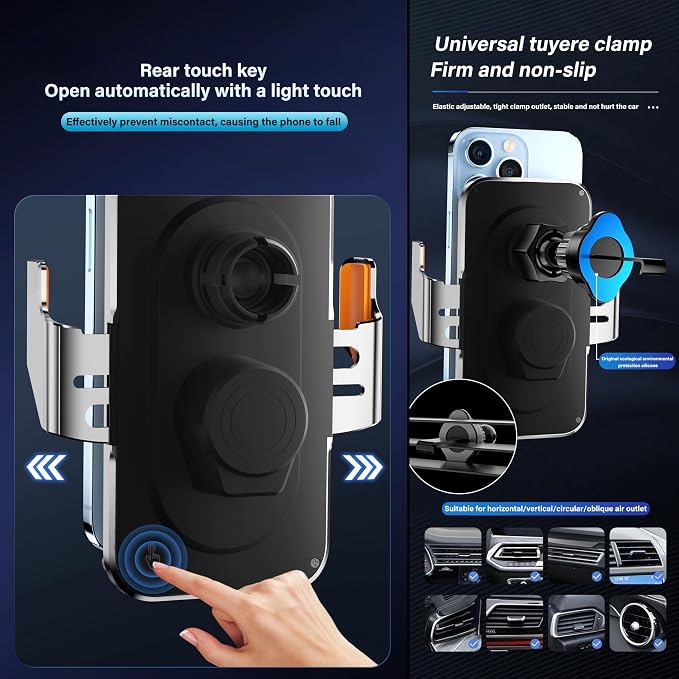 Wireless Charger Holder, Auto Clamp Vent Phone Mount - 15W Fast Charging Dual Induction Car Phone Mount with Transparent Design for iPhone 16 Pro Max 15 14 13 12 11, Sumsung S24 S23 S22 Series