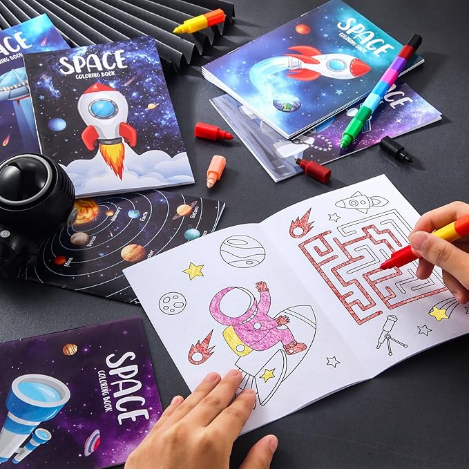 BenLouis 12 Outer Space Mini Coloring Books Kids with 12 Stacking Crayons Astronaut Party Favors Small Activity Books Bulk for Kids Solar System Galaxy Planet Alien Party Gift Goodie Bag Stuffers