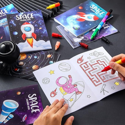 BenLouis 12 Outer Space Mini Coloring Books Kids with 12 Stacking Crayons Astronaut Party Favors Small Activity Books Bulk for Kids Solar System Galaxy Planet Alien Party Gift Goodie Bag Stuffers