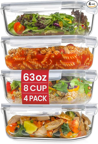 4 Pack 8 Cups/ 63oz Large Glass Storage Containers