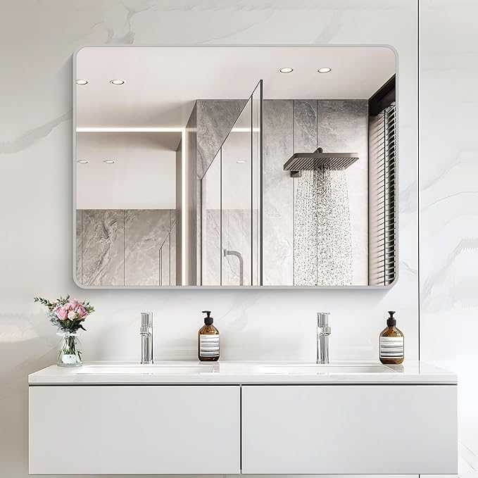 48x36 Inch Silver Bathroom Mirror, Large Rectangular Vanity Mirror, Metal