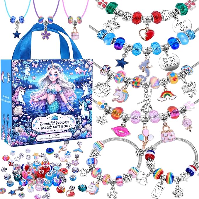 VICTLOV Charm Bracelet Making Kit, DIY Craft for Girls, Unicorn/Mermaid Crafts Gifts Set for Arts and Crafts for Girls Teens Ages 5-12