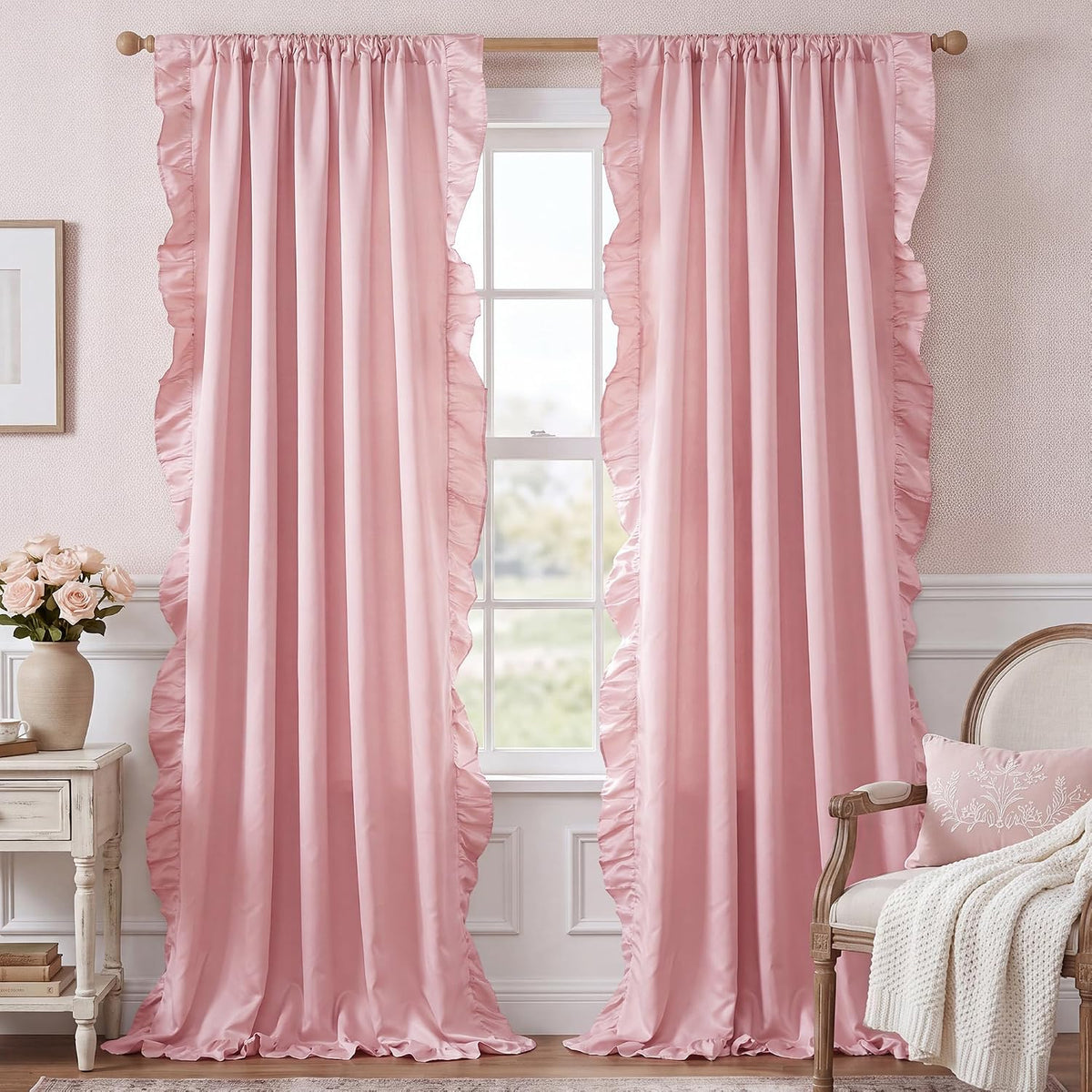 Pink Ruffle Curtains 52x90 Long 2 Panels for Girls Room | Vintage Shabby Chic Romantic Drapes for Nursery, Light Filtering Privacy Window Treatments for Vanity Room, Bathroom