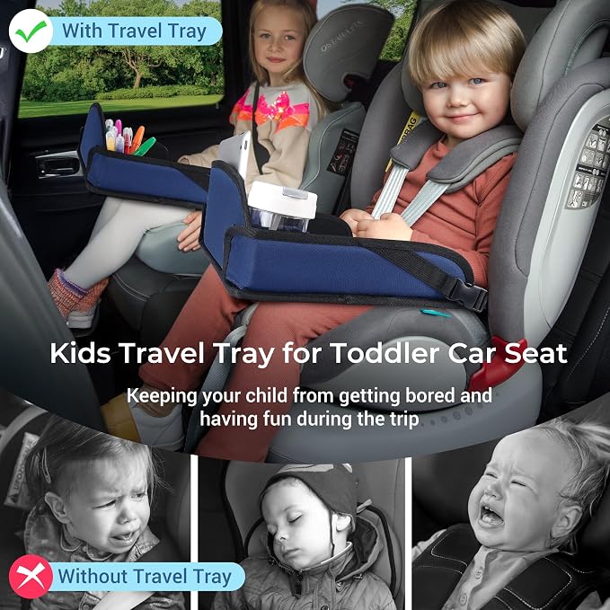 COOLBEBE Kids Travel Tray for Toddler Car Seat, Travel Tray for Airplane, Toddler Car Seat Lap Tray, Carseat Table Tray for Kids Travel Activities (Navy Blue)