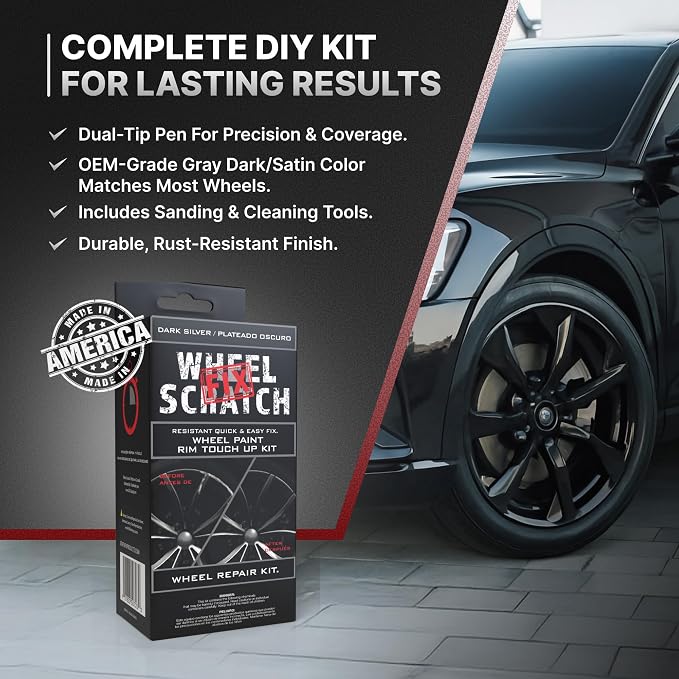Wheel Scratch Fix® Dark Silver Touch Up Paint for Cars - DIY Alloy Wheel Repair Kit, Curb Rash Remover with Fast-Drying Pen - Long-Lasting OEM Finish Car Rim Paint for Scuffs and Chips at Home (Dark Silver)
