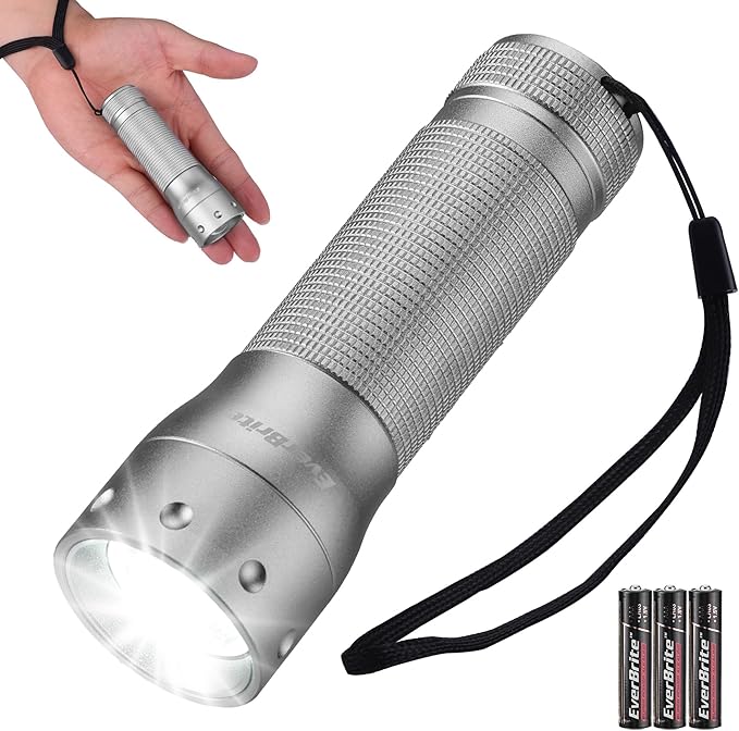 EverBrite Mini LED Flashlight, Zoomable High Lumens 350LM, 3 Modes, 3AAA Batteries Included, Compact Handheld Flash Light for Camping, Emergency, Home ??Grey