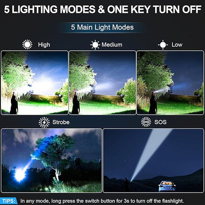 Rechargeable Flashlights High Lumens - Super Bright LED Tactical Flash Light, Powerful Waterproof Handheld USB C Flashlight for Camping,Emergencies,Home,5 Modes,Zoomable (2, Blue)