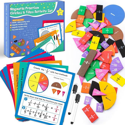 Magnetic Fraction Tiles & Circles Activity Set, Math Manipulatives 4th Grade 1-6, Fraction Manipulatives Elementary Classroom, Fractions Strips Math Games for Kids 6-12, Teaching Homeschool Supplies