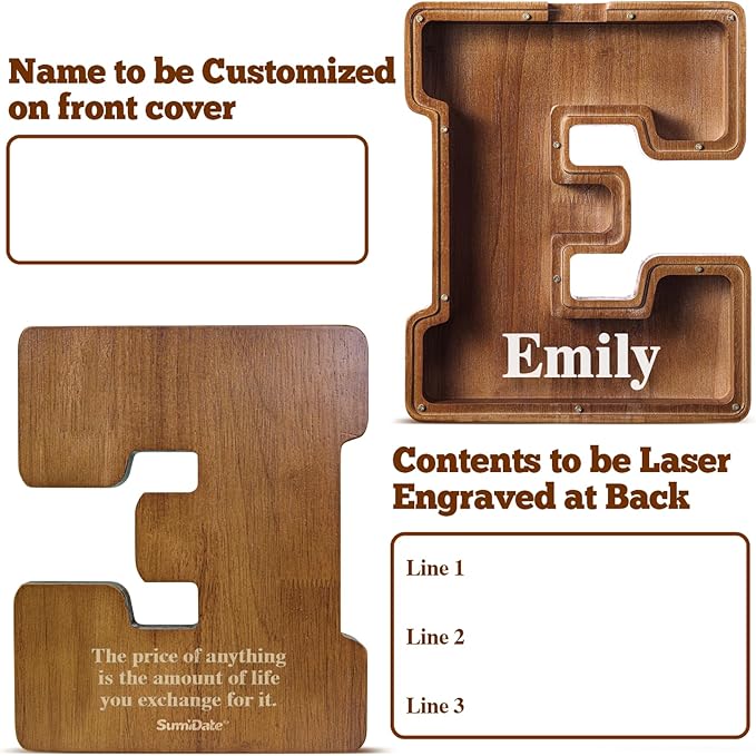 Summidate Customized Name Extra Large Wooden Piggy Bank for Kids Boys Girls Alphabets Letter A-Z Coins Bills Money Change Bank Initial on Clear Cover (Laser Engraved) Educational Toys 12"- Letter E