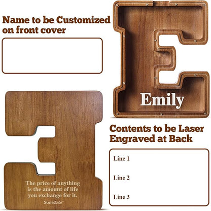 Summidate Customized Name Extra Large Wooden Piggy Bank for Kids Boys Girls Alphabets Letter A-Z Coins Bills Money Change Bank Initial on Clear Cover (Laser Engraved) Educational Toys 12"- Letter E