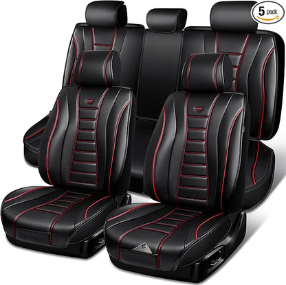CAR PASS Nappa Leather Seat Covers, Universal FIT Piping Leather Car Seat Covers Full Set for Cars,SUV,Truck 3D Foam Waterproof Luxury Seat Covers 5 Seats, Comfort Durable Airbag Compatible Black Red