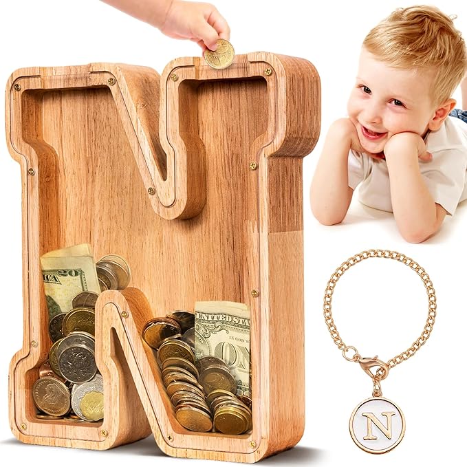 SummiDate Wooden Letter Piggy Bank| Piggy Bank for Boys Girls Toddler| Alphabet N Money Bank| Coin Bank Birthday Gift for Kids|Birthday Gift for Kids (N)
