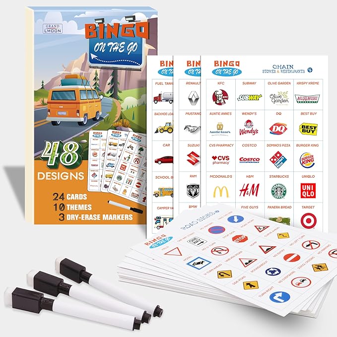 GRANDLMOON 48 Designs 9 Themes Car Bingo and Road Trip Scavenger Hunt Game with 3 Markers for Kids, Fun Travel Activity for Kids Ages 3-8