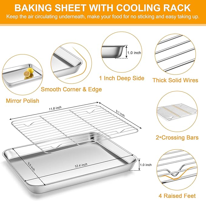 Homikit Quarter Sheet Pan with Rack Set, 9x13 Stainless Steel Baking Sheets