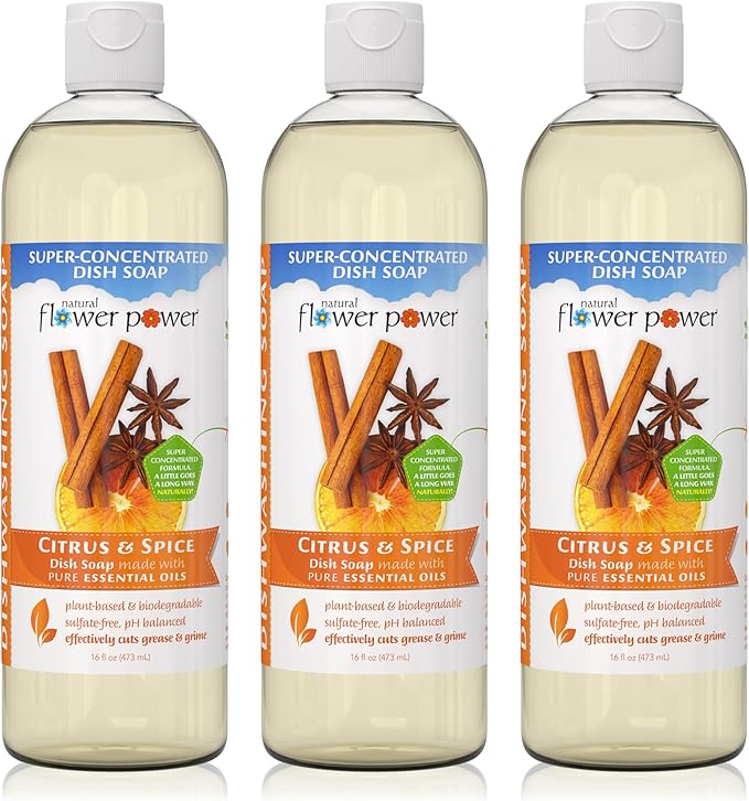 Natural Flower Power Liquid Dish Soap – Citrus & Spice – Plant-Based & Scented w/ Pure Essential Oils – Natural Liquid Dishwashing Detergent – Sulfate-Free Kitchen Soap – Vegan (16 Fl Oz 3 Pack)