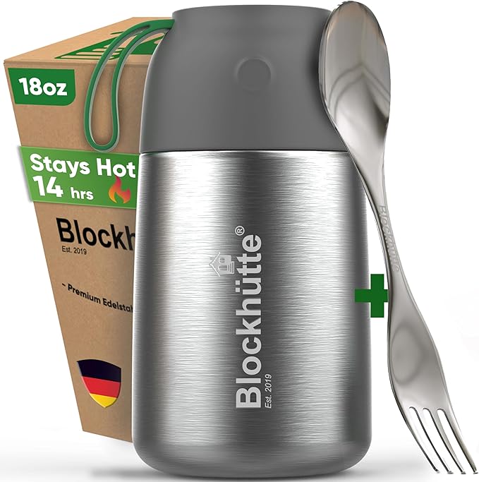Blockhütte Small Thermos for hot Food Kids - 18 oz | Wide Mouth Food Flask with Spork & Brush | Stainless steel Soup Flask | Insulated Food Jar 14h Hot | Soup Thermos for Adults
