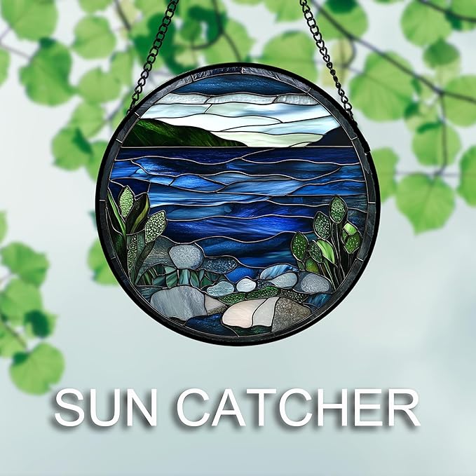 AMDERVEN Stained Glass Window Hanging 4 Pcs Set Navy Blue Ocean Landscape Large