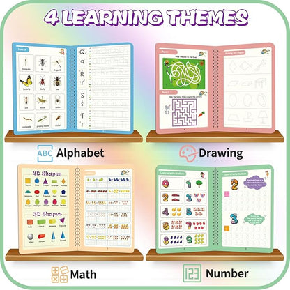 Upgraded Large Size Magic Practice Copybook for Kids, Reusable Writing Practice Book, Preschool Copybook (4 Books with Pens) - Pink Bag