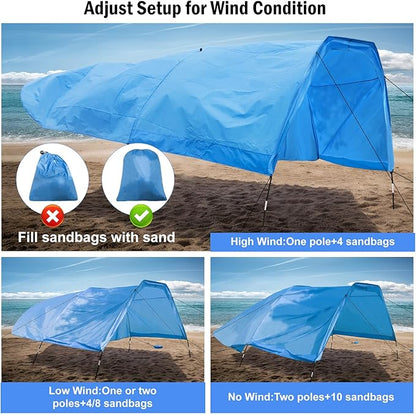 Beach Shade 200 Sq. Ft Beach Canopy for 4-8 People, Portable Sun Shelter with UV Protection, Lightweight & Easy Setup for Family Outdoor Activities (Blue)