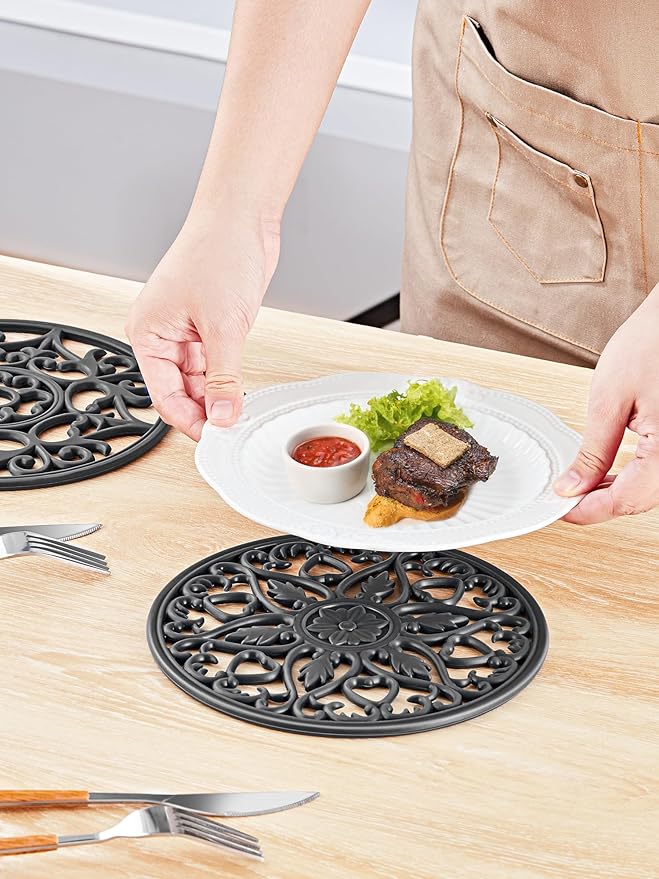 SMARTAKE 6 Set Silicone Trivet Mats, Multi-Use Intricately Carved Coasters, Insulated Non-Slip Durable Kitchen Mats, Flexible Modern Kitchen Table Mat, for Hot Dishes, Pots, Countertop (Black)