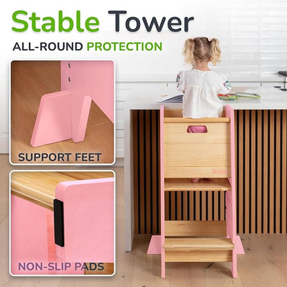 OCODILE Toddler Tower with a Sliding Door and 3 Adjustable Heights - Complete Toddler Kitchen Stool Helper with Support Feet - Safe Design for 18+ Months to 6-Year-Old Kids - Pink