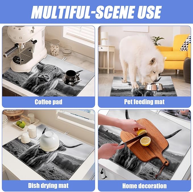 Highland Cow Dish Drying Mat for Kitchen Counter Drying Pad Absorbent