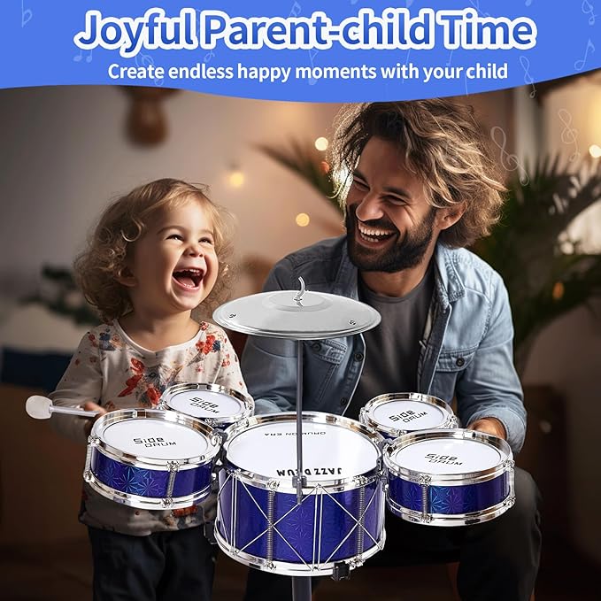 Tinylife Kids Drum Set, Jazz Drum Kit 5 Drums with Cymbals, Sticks, Throne for Toddlers Little Rockstar Toy for Baby Boys Girls Gifts (Navy)