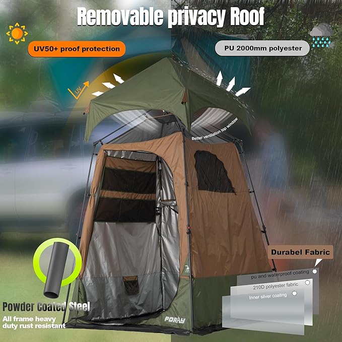 Camping Shower Tent Deluxe Changing Room Easy Set Up Privacy Shelter,Large Toilet Tent with Floor Drain Design for Beach, Camping,Hiking with Stakes and Ropes for Stability