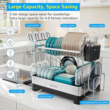 SUNLY 2 Tier Dish Drying Rack, Extra Large Dish Rack, 304 Stainless Steel