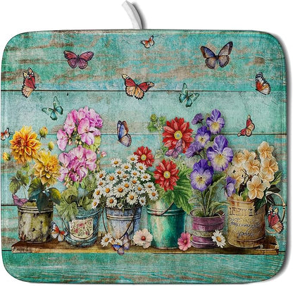Flower Dish Drying Mat for Kitchen Counter 16x18 Inch Rustic Vintage Microfiber