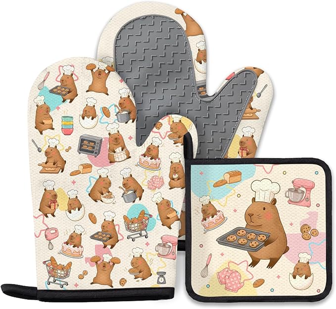 Capybara Gifts for Women, Funny Capybara Oven Mitt & Pot Holder Set, Heat