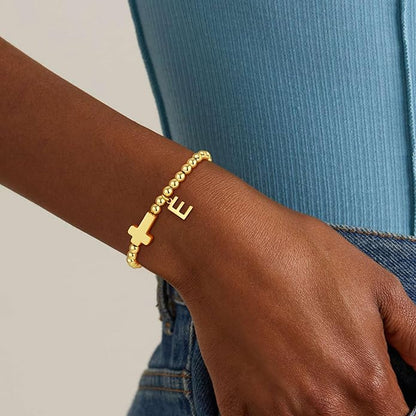 Gold Initial Bracelets for Women Girls - 18K Gold Plated Cross Initial Bracelet Dainty Beaded Bracelet Gold Bracelets for Women Teen Girl Gifts