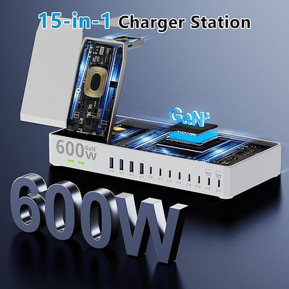 600w Charging Station for Multiple Devices, 15 in 1 Wireless Charger