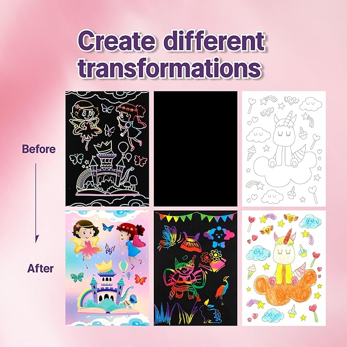 OMTOFUEN 36+9 Scratch Art Paper Kit with Pre-Outlined Template Customizable Paper 4 Follow Boards 8 Scratch Pens 12 Crayons 4 Velvet Clothes for up to 8 Kids Party Gift Birthday Christmas Halloween