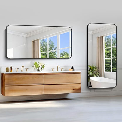 Black Bathroom Mirror, 66x30 inch Aluminum Metal Frame Rectangular Vanity Mirror