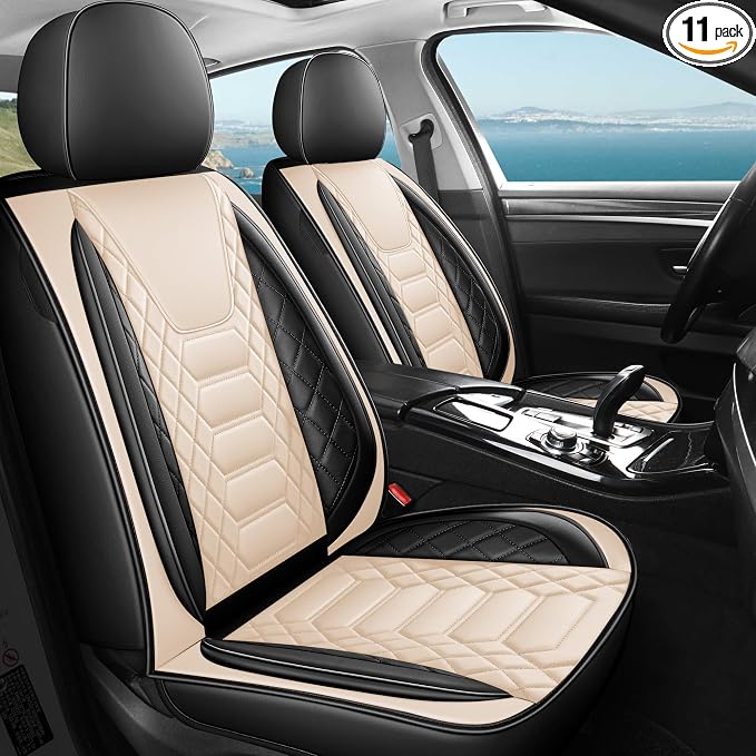 FREESOO Car Seat Covers Leather Seat Cover Full Set Automotive Seat Cover Protector Accessories Airbag Compatible Universal Fit for 5 Seats Black Beige