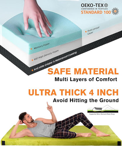 4 Inch GAIALOOP Extra Thick Memory Foam Camping Mattress, Roll Up Floor Sleeping Mat Camp Cot Mattress Pad Travel Camping Couch Bed for Guest Adults Side Sleepers