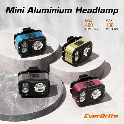 EverBrite Rechargeable LED Headlamp, Only 1.59 OZ Ultra-Light with Hat Clip, IP67 Waterproof, White/Red/Green Light, 7 Modes for Camping, Running and Backpacking-Grey