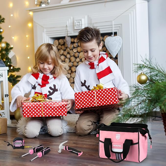 WORKPRO 9-Piece Kids Real Hand Tool Set, Pink Junior Tool Kit with Storage Bag for Boys, Girls, Children DIY Building and Woodworking, Age 8+