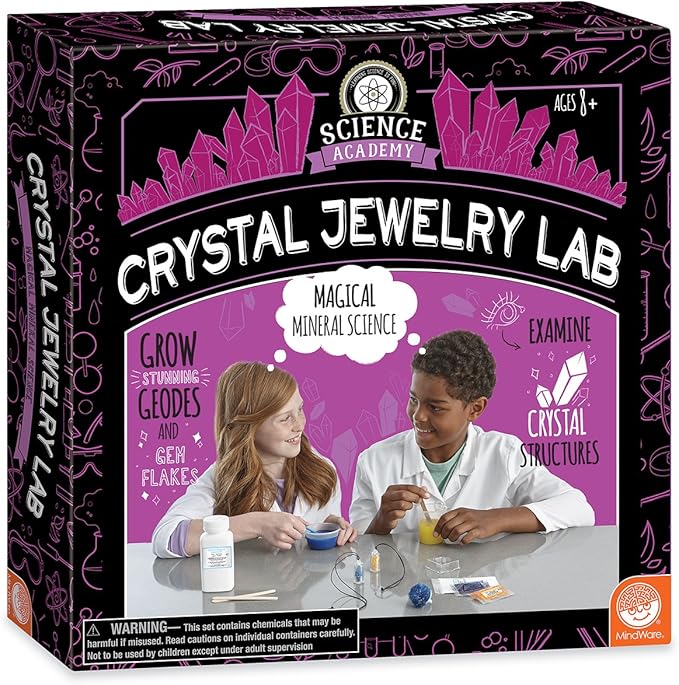 MindWare Science Academy Crystal Jewelry lab - Kids & Teens Grow 1 Crystal Ring and 2 Necklaces with Our 18pc Set - Wild & Weird Experiments for Boys & Girls - Great Educational Gift