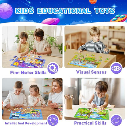 4 Pack Search and Find Puzzles for Kids Ages 4-6 6-8 8-10, Space Forest Ocean Amusement Park Kids Puzzles, 60 Pieces Jigsaw Puzzle for Adults Kids Learning Puzzle Toys Gifts for Girls Boys(14x10 inch)