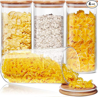 Glass Jars with Bamboo Lids 53 FL OZ [Set of 4], Glass Canisters with Airtight Lids, Glass Food Storage Containers for Pasta, Oats, Coffee, Flour, Sugar, Rice, Best for Kitchen & Pantry
