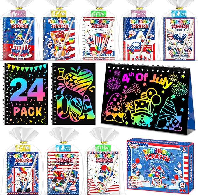 Party Favors for Kids: 24 Pack 4th of July Rainbow Scratch Art Notebook Classroom Supplies Bulk for Girls Boys Goodie Bags Stuffers, Independence Day Party Gift Kid Crafts