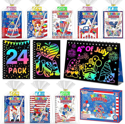 Party Favors for Kids: 24 Pack 4th of July Rainbow Scratch Art Notebook Classroom Supplies Bulk for Girls Boys Goodie Bags Stuffers, Independence Day Party Gift Kid Crafts