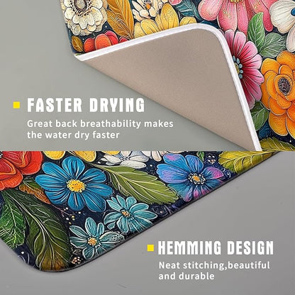 Giwawa Boho Flower Dish Drying Mat, Colorful Floral Leaf Dish Drainer Mats