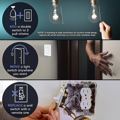 RunLessWire 3-Way Fan & Light Battery-Free DIY Kinetic Wireless Light Switch Kit